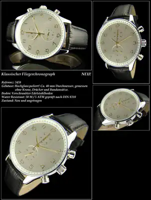 Flieger Herrenuhr Chronograph 5 Bar wasserdicht 40mm Durchmesser Lederband – gebraucht, wie neu – Uhren & Schmuck…