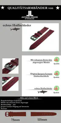 18 mm Uhrenarmband Jacques Lemans rotbraun Echt Haifischleder Doppelsteppnaht – neu – Uhren & Schmuck