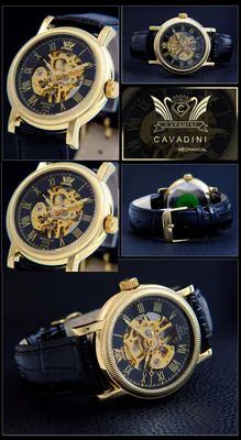CAVADINI Handaufzug Uhr skelettiert POLLUX Glasboden Edelstahl vergoldet schwarz – neu – Uhren & Schmuck
