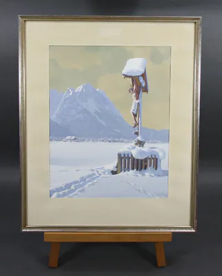 Mischtechnik Rudolf Emil Klöden Verschneite Landschaft mit Kreuz – gebraucht, gut – Sonstiges – überwiegend schwarz – Foto…