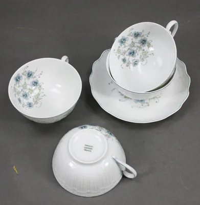 Giraud Limoges 4x Tassen / 1x Unterteller Corail Blumen – gebraucht, gut – Sonstiges – überwiegend dunkelgrün