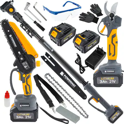 Akku Gartenset 3in1 Astschere Kettensäge Hochentaster 21V 2x3Ah 6 und 8 Zoll – neu – Sonstiges – überwiegend weiß – Foto 1…