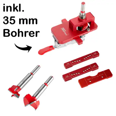 Topfband Bohrschablone Bohrlehre Alu Ø 26 / 35 mm Topfloch Forstnerbohrer SOTECH – neu – Möbel – überwiegend weiß – Foto 1…