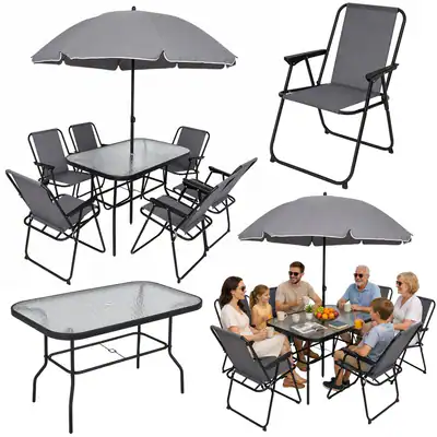 Gartenmöbel Set Gartenset Sitzgruppe Balkonmöbel Tisch Stühle Sonnenschirm – neu – überwiegend weiß – Foto 1 von 5