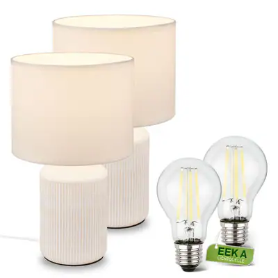 Nachttischlampe 2er Set Tischlampe E27 Stoffschirm Lampe Keramik Weiß 37,5cm – neu – Möbel – Foto 1 von 5