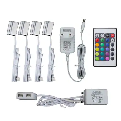 4 LED Clips RGB Glasboden-Beleuchtung Glaskantenlichter Leuchten Vitrine Schrank – neu – Möbel – überwiegend weiß – Foto 1…