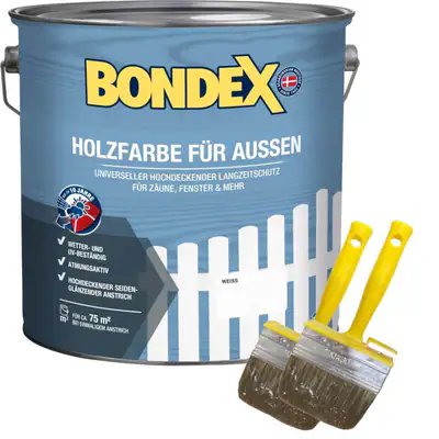BONDEX Holzfarbe für Außen Aktionsgebinde + 2 EXTRA Pinsel, 7,5 l, Wetterschutz – neu – Sonstiges – überwiegend weiß – Foto…