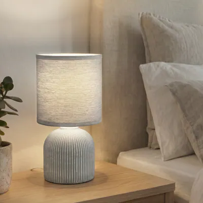 Nachttischlampe E14 Stoffschirm Tischlampe Kabelschalter Keramik Grau 28cm – neu – Möbel – Foto 1 von 5