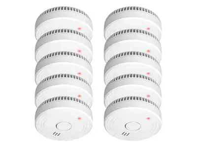 10er Set Rauchwarnmelder fotoelektrisch, austauschbare Batterie, Ø 10cm – neu – Sicherheitstechnik – überwiegend weiß…