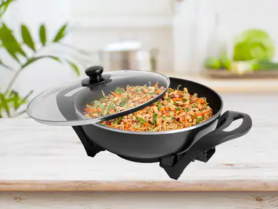 Elektrischer Asia Wok mit Glasdeckel 4,5Ltr. Ø33cm, 1500W Elektro Schmor Pfanne
