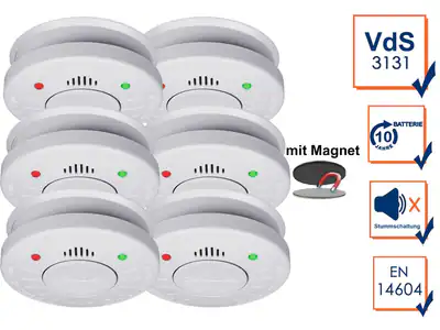 6er-Set Rauchmelder mit 10 Jahres Batterie, Q-Label + Magnetbefestigung