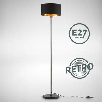 Stehlampe schwarz-gold Stoff Stehleuchte E27 Holz Metall Wohnzimmer Leselampe
