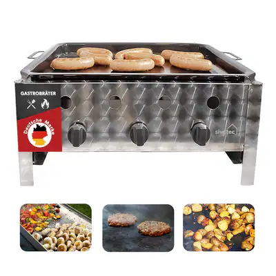 Edelstahl Gasbräter Gasgrill 3 flammig Gastrobräter Gas Gril mit Stahlplatte