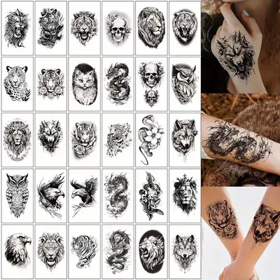 30 Temporäre Tattoo Aufkleber geeignet für Männer und Frauen, schwarz Totenkopf