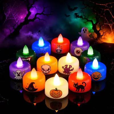 12 Velas LED Halloween bunt Sünde Lama Con Pegatinas Adorno Calabaza