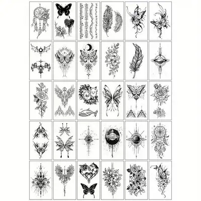 30er Set schöne Black Line bemalte Schmetterling Blume temporäre Tattoos
