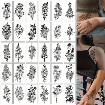 30 Stck. Wasserdichte Schwarze Blumen Temporäre Tattoos für Frauen & Mädchen -