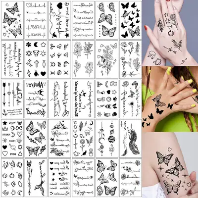 30 Blatt temporäre gefälschte Körper Aufkleber schwarz Schmetterling Blume Text