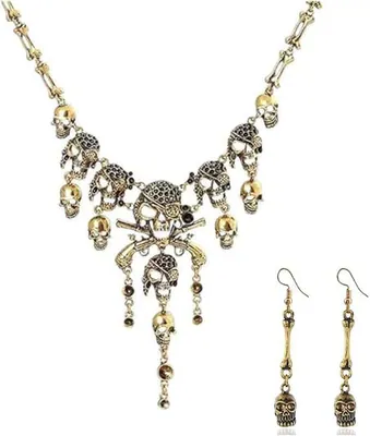 Damen Piraten Schmuck Kostüm Set Totenkopf Skelett Halskette Ohrringe Kleid