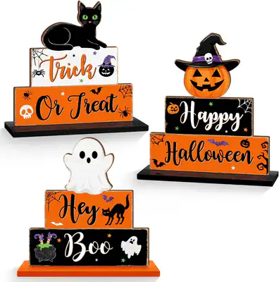 3 Stück Halloween Holz Tischschilder Geist Kürbis Fledermaus Katze Boo gruselig