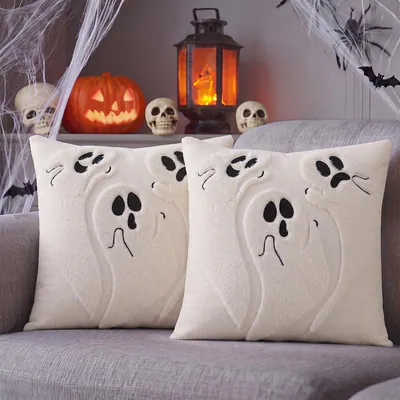 2 Fundas de Cojin Halloween Geist Kissenbezüge 18x18 Plüsch Kunstfell Sofa