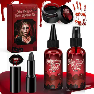 4-teiliges Halloween Kunstblut Make-up Set schwarzer Lippenstift Vampir Zombie