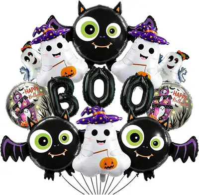 14 Globos Halloween Murcielago Fantasma BOO Metalicos 76 cm Adorno Fiesta