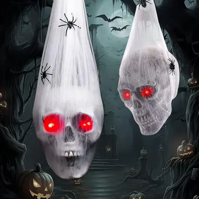 2 Stück leuchtender hängender Totenkopf Spinnennetz gruselig Halloween Spukhaus