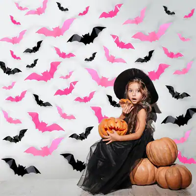 72 Murcielagos 3D Halloween Wandtattoos Rosa Schwarz Aufkleber Grusel Deko