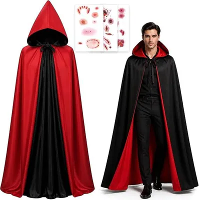 Wende rot schwarz Kapuze Cape Umhang Vampir Dracula Tattoo Narbe Kostüm Set