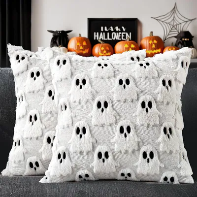 Halloween Geist Kissenbezüge Set 18X18 Weich Plüsch Kunstfell Dekor 2 Stück