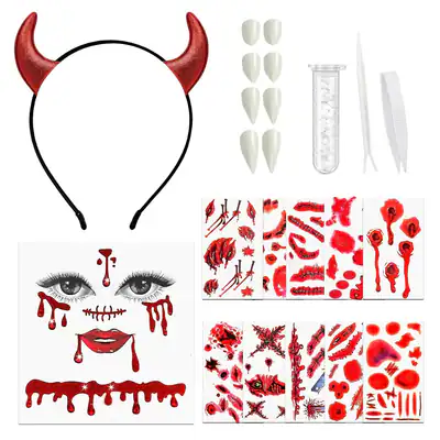 Halloween Vampir Kostüm Zubehör Teufel Hörner Haarreif Zähne Gesicht Schmuck Tat
