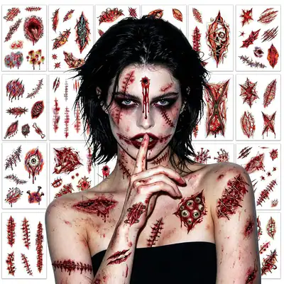18 Blatt Zombie Narbe Tattoos Wasserdicht Halloween Fake Wundstich SFX Make-up