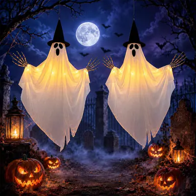 2 Fantasmas Halloween Con Luz leuchtender hängender Geist Hexenhut Gartendeko
