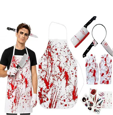 5 Stück Halloween gruselig blutig Metzger Schürze Handschuhe Tattoo Messer
