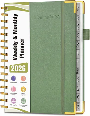 2026 Wochen-/Monatsspiralplaner, Terminbuch -5,75" x 8,38" - grüne Farbe