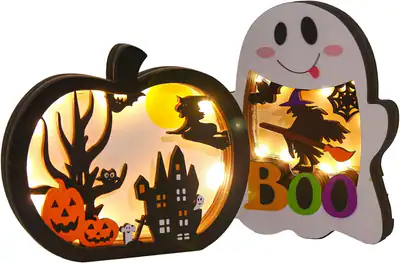 2 Decoracion Halloween Madera Con Luz LED Calabaza Fantasma Adorno Mesa