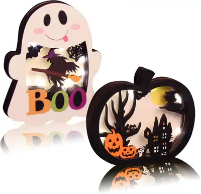 2 Stück Halloween beleuchtete Holz Tischdeko Geist Kürbis LED Boo Grusel Schild