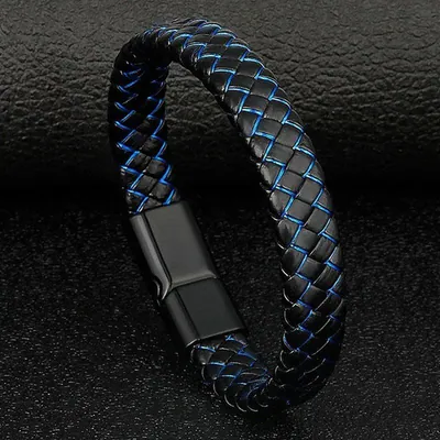 Herren Echt Leder Geflochten Armband Schwarz Armreif mit Edelstahl Verschluss