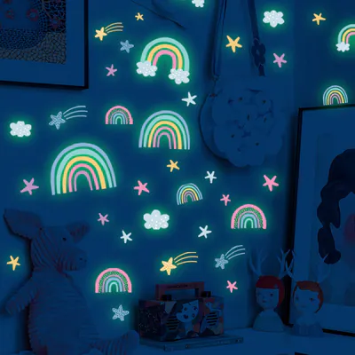 Glow in the Dark Regenbögen Wandaufkleber Wolken Sterne Kinderzimmer Wohndeko