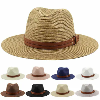 Faltbarer Panamahut Herren Damen breite Krempe Stroh Lederband Fedora Sonnenhut