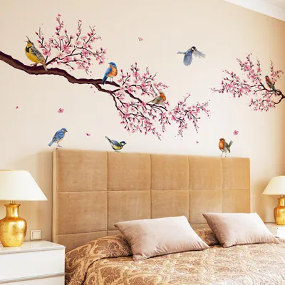 Großer Kirschblütenzweig Wandaufkleber rosa Blume Vogel Wandtattoo abnehmbar