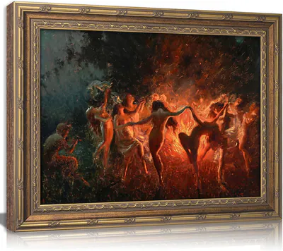 Vintage Gold gerahmtes gotisches Wandbild, Feuertanz Ölgemälde Leinwandbilder,