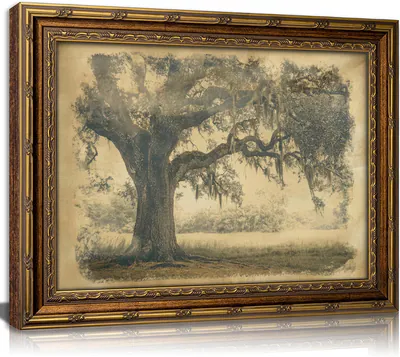 Vintage Wandbild Baum mit Goldrahmen, Antik Eiche Wald Landschaft Leinwand Prin