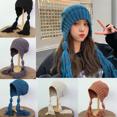 Stylische Damen Mütze lang Zöpfe Winter dick Strickmütze Ohrenklappe Häkelmütze