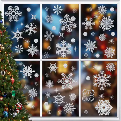 93 Stück Glitzer Weihnachten Fenster Deko Aufkleber Schneeflocke Türklammer