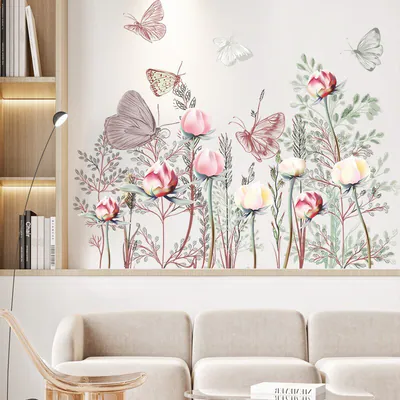Große Blumen Wandaufkleber Schmetterlinge Floral Kinderzimmer Wandbild
