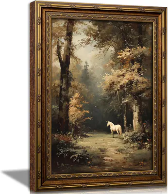 Vintage Gold gerahmtes Pferd Wandbild, magische Waldlandschaft Ölgemälde