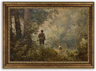 Vintage Goldrahmen Jagd Leinwand Wandbild Jäger und Hund im Wald Wanddeko