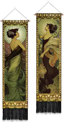 2 Stück Mucha Figuren Wandteppich Vintage vertikal Wandbehang mit Quasten DE